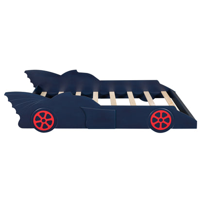 Twin Size Race Car-Shaped Platform Bed with Wheels,Blue+Red