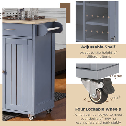 K&K Store Kitchen Island Cart with Two Storage Cabinets and Four Locking Wheels，Wine Rack, Two Drawers,Spice Rack, Towel Rack （Grey Blue）