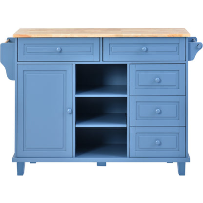 K&K kitchen cart with Rubber wood desktop rolling mobile kitchen island with storage and 5 draws 53 Inch width （Blue）