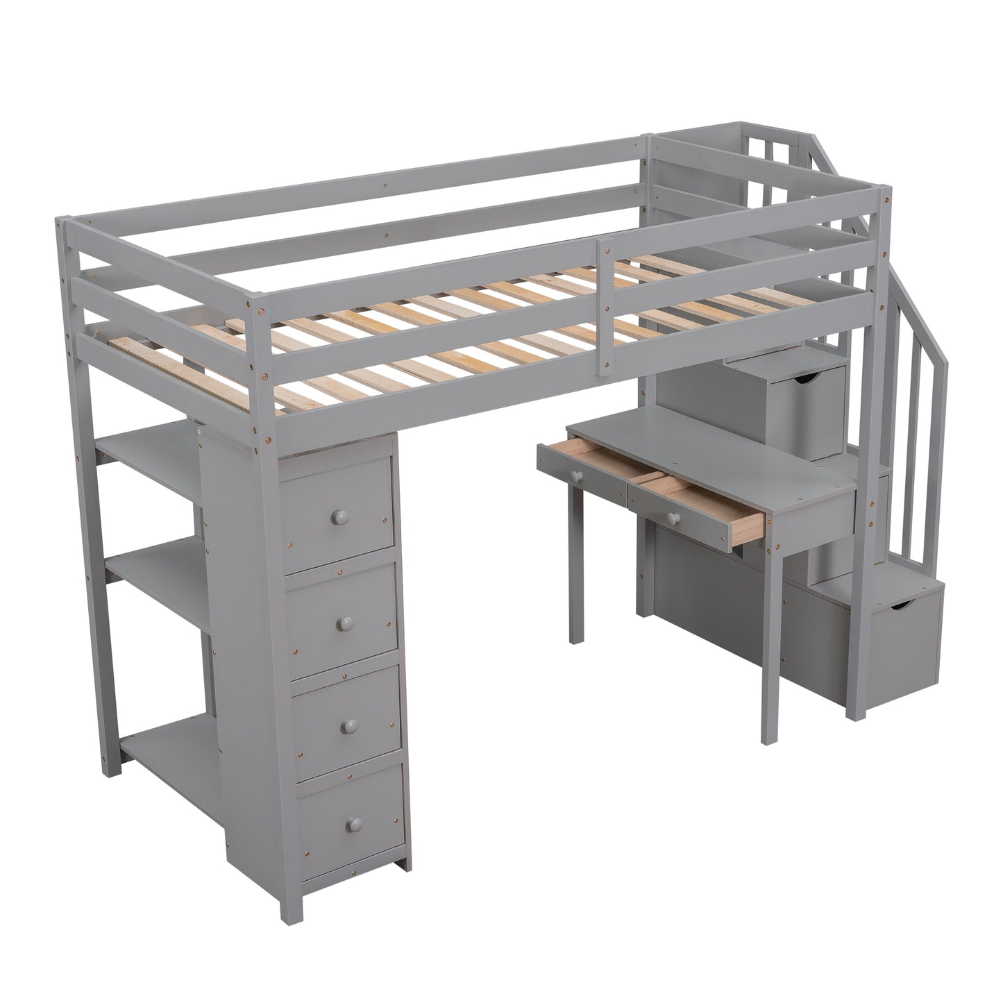 Twin size Loft Bed with Storage Drawers ,Desk and Stairs, Wooden Loft Bed with Shelves - Gray