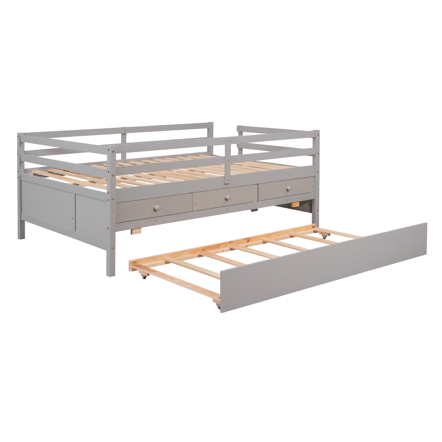 Low Loft Bed Full Size with Full Safety Fence, Climbing ladder, Storage Drawers and Trundle Gray Solid Wood Bed