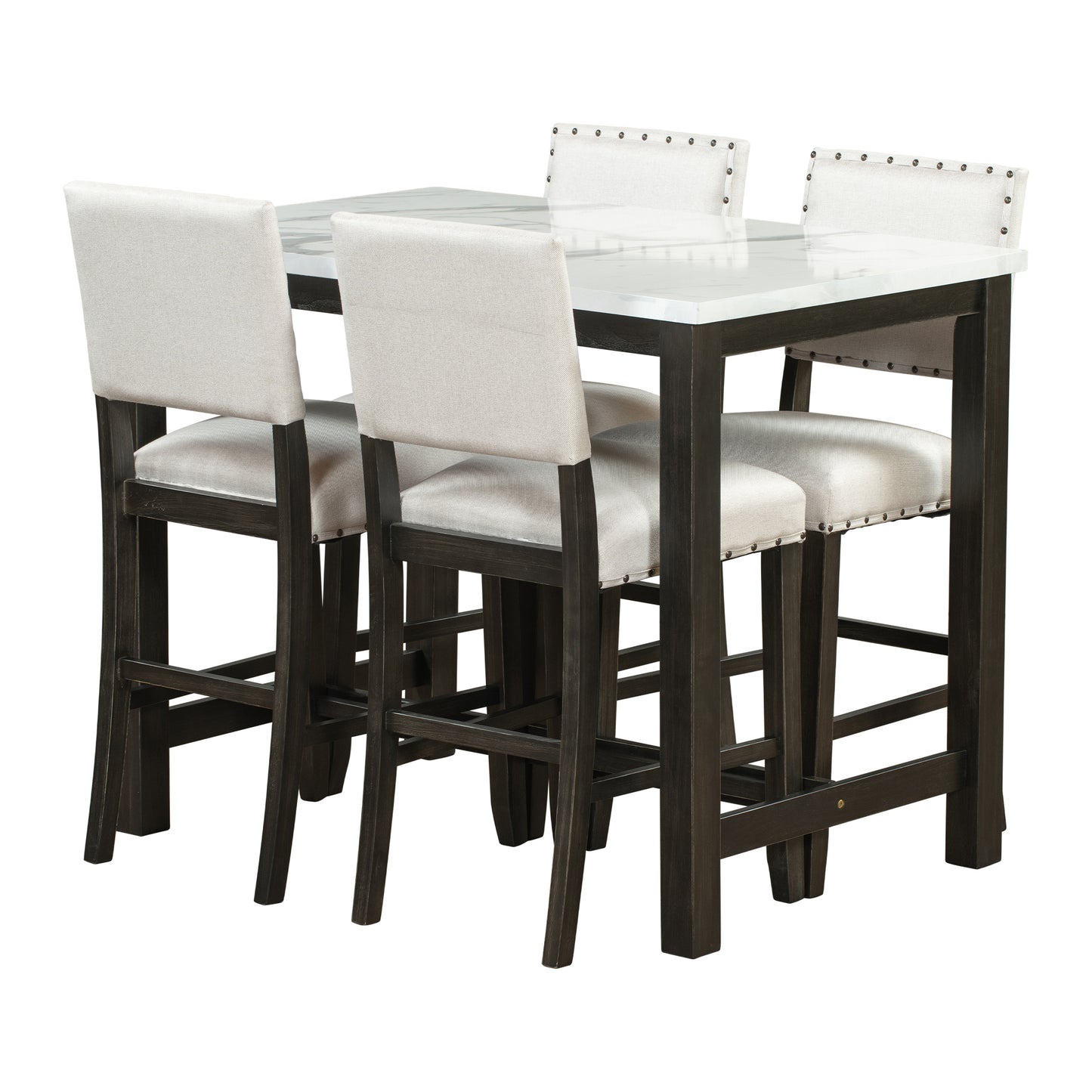 TOPMAX 5 Piece Rustic Wooden Counter Height Dining Table Set with 4 Upholstered Chairs for Small Places, Faux Marble Top+Black Body