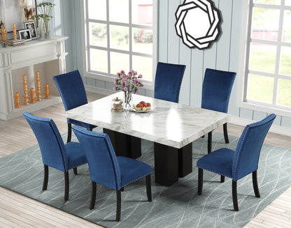 7-piece Dining Table Set with 1 Faux Marble Dining Rectangular Table and 6 Upholstered-Seat Chairs ,for Dining room and Living Room ,Blue