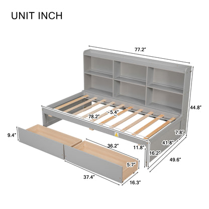 Twin Bed with Side Bookcase, Drawers ,Gray