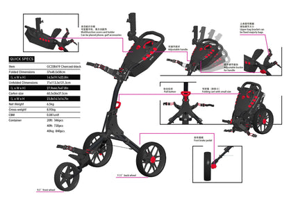 Compact push trolley with competitor folding size and umbrella holder and net