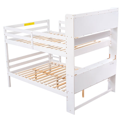 Full Over Full Bunk Beds with Bookcase Headboard, Solid Wood Bed Frame with Safety Rail and Ladder, Kids/Teens Bedroom, Guest Room Furniture, Can Be converted into 2 Beds, White