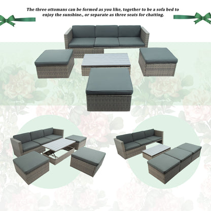 U_STYLE Patio Furniture Sets, 5-Piece Patio Wicker Sofa with Adustable Backrest, Cushions, Ottomans and Lift Top Coffee Table