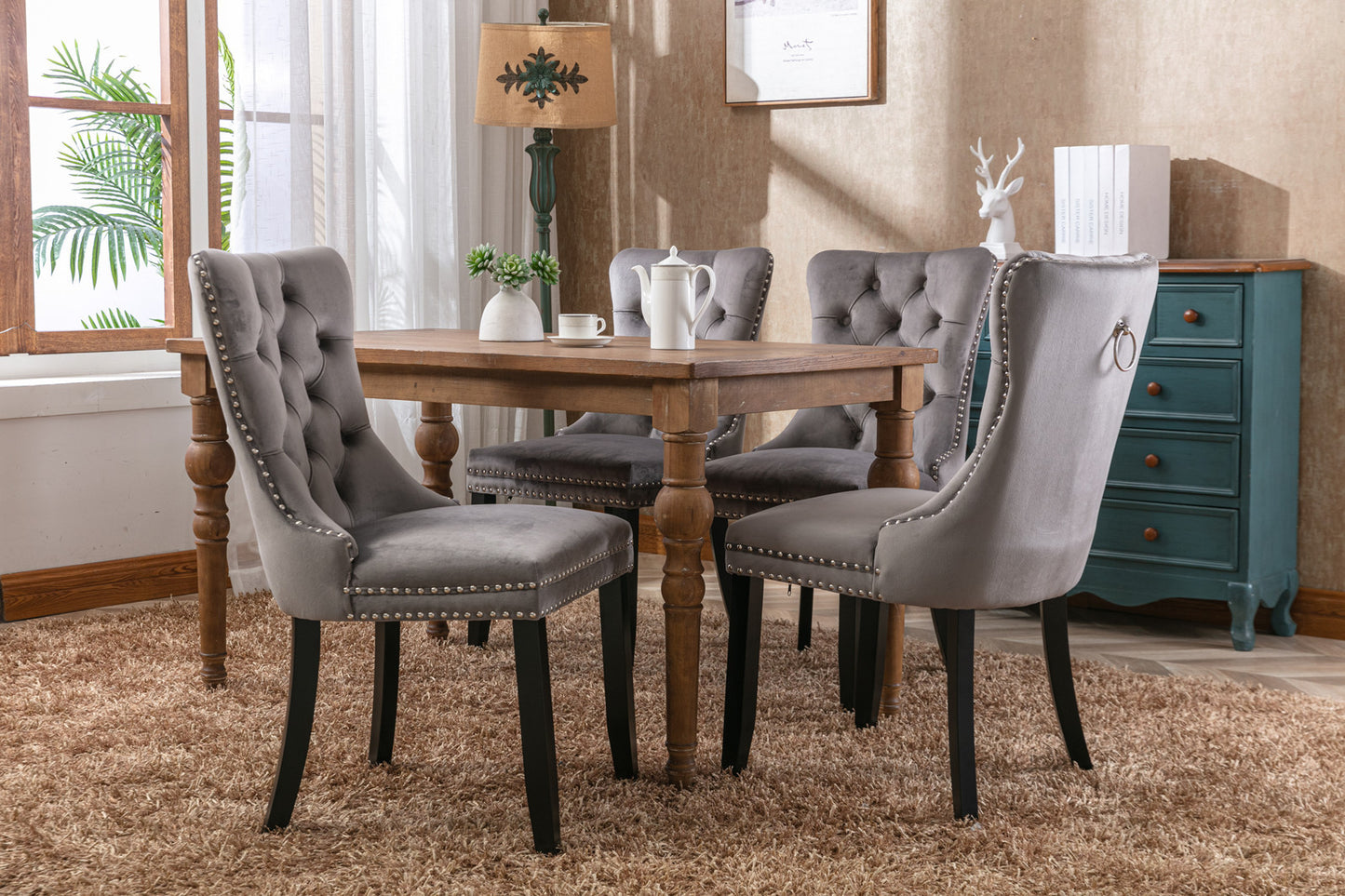 A&A Furniture,Nikki Collection Modern, High-end Tufted Solid Wood Contemporary Velvet Upholstered Dining Chair with Wood Legs Nailhead Trim  2-Pcs Set，Gray，1901GY