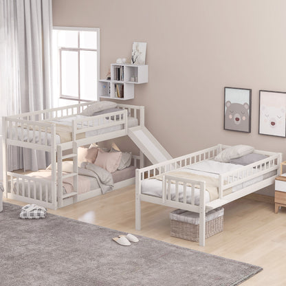 Twin-Over-Twin-Over-Twin Triple Bed with Built-in Ladder and Slide, Triple Bunk Bed with Guardrails, White(OLD SKU: LP000051AAK)