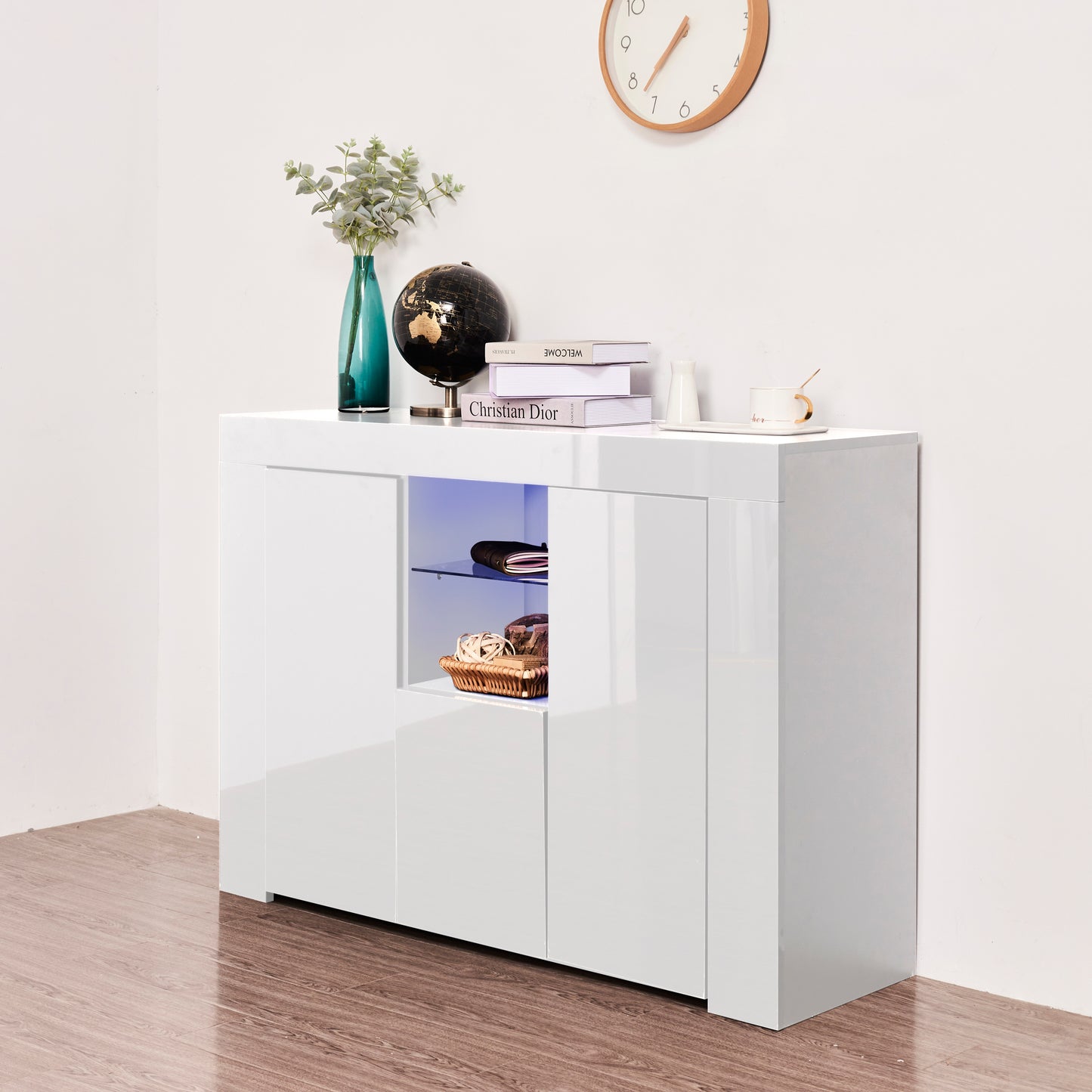 Kitchen Sideboard Cupboard with LED Light, White High Gloss Dining Room Buffet Storage Cabinet Hallway Living Room TV Stand Unit Display Cabinet with Drawer and 2 Doors