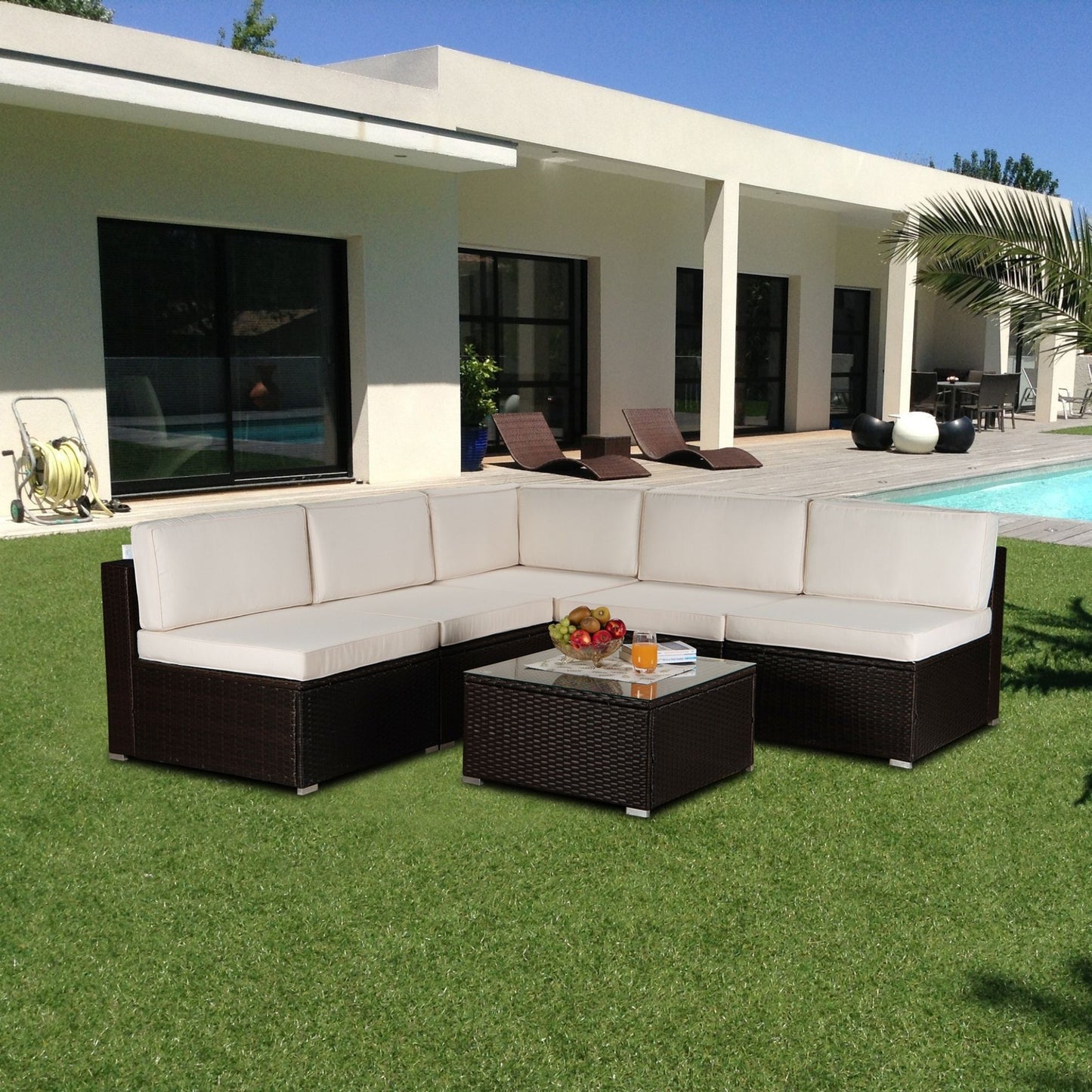 Outdoor Garden Patio Furniture 6-Piece Brown PE Rattan Wicker Sectional Beige Cushioned Sofa Sets