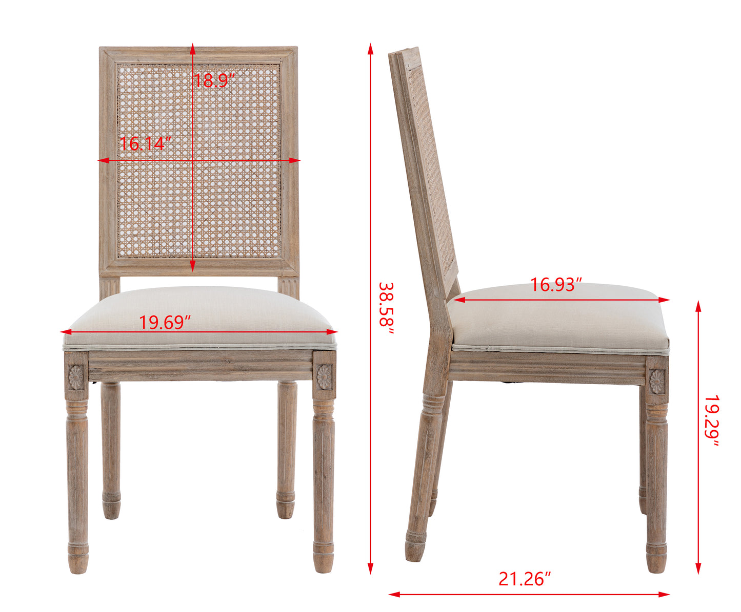 French Style Solid Wood Frame Linen Fabric Antique Painting Rattan Back Dining Chair ,Seat of 2,Cream