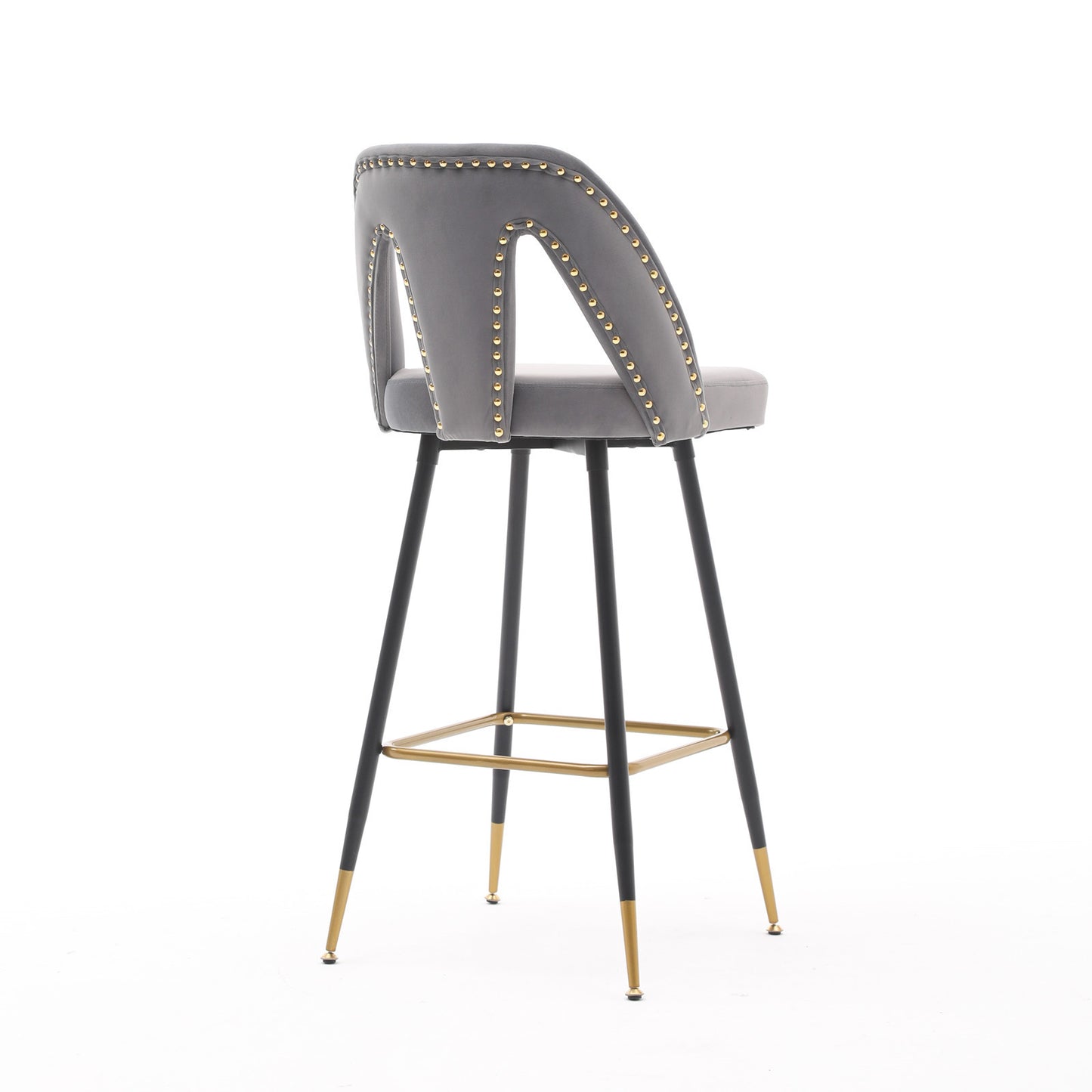 A&A Furniture,Akoya Collection Modern | Contemporary Velvet Upholstered Connor 28" Bar Stool & Counter Stools with Nailheads and Gold Tipped Black Metal Legs,Set of 2 (Gray)