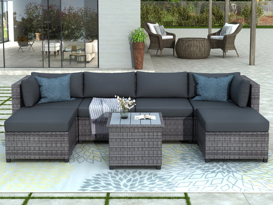 U_Style 7 Piece Rattan Sectional Seating Group with Cushions, Outdoor Ratten Sofa NEW!