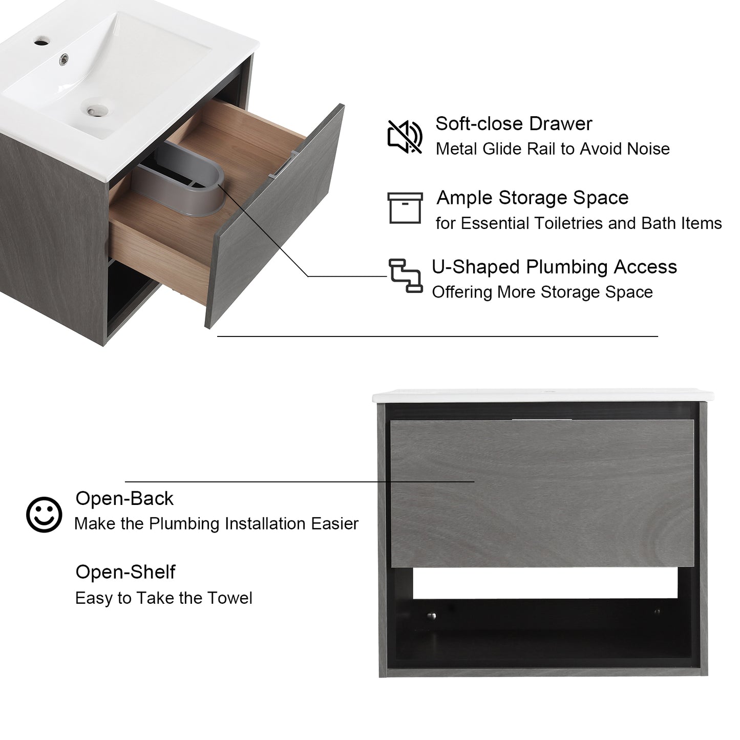 24 inches Floating Bathroom Vanity Combo with Integrated Single Sink and 1 Soft Close Drawer