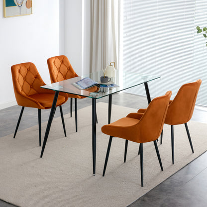 Kitchen Dining Room Metal legs Glass Table Set with 4 pcs orange velvet fabric dining chairs