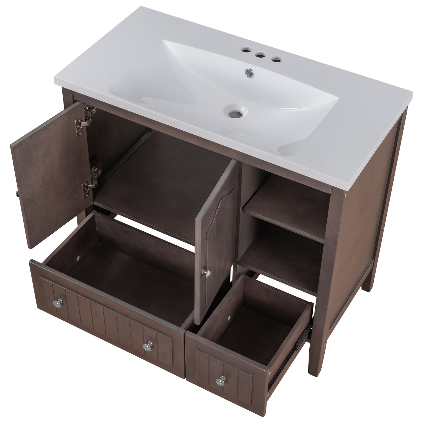 [VIDEO] 36" Bathroom Vanity with Ceramic Basin, Bathroom Storage Cabinet with Two Doors and Drawers, Solid Frame, Metal Handles, Brown