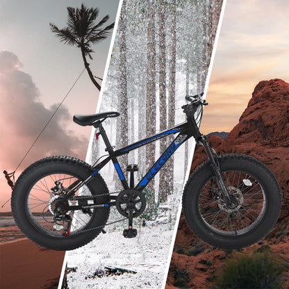 S20109  Elecony 20 Inch Fat Tire Bike Adult/Youth Full Shimano 7 Speed Mountain Bike, Dual Disc Brake, High-Carbon Steel Frame, Front Suspension, Mountain Trail Bike, Urban Commuter City Bicycle