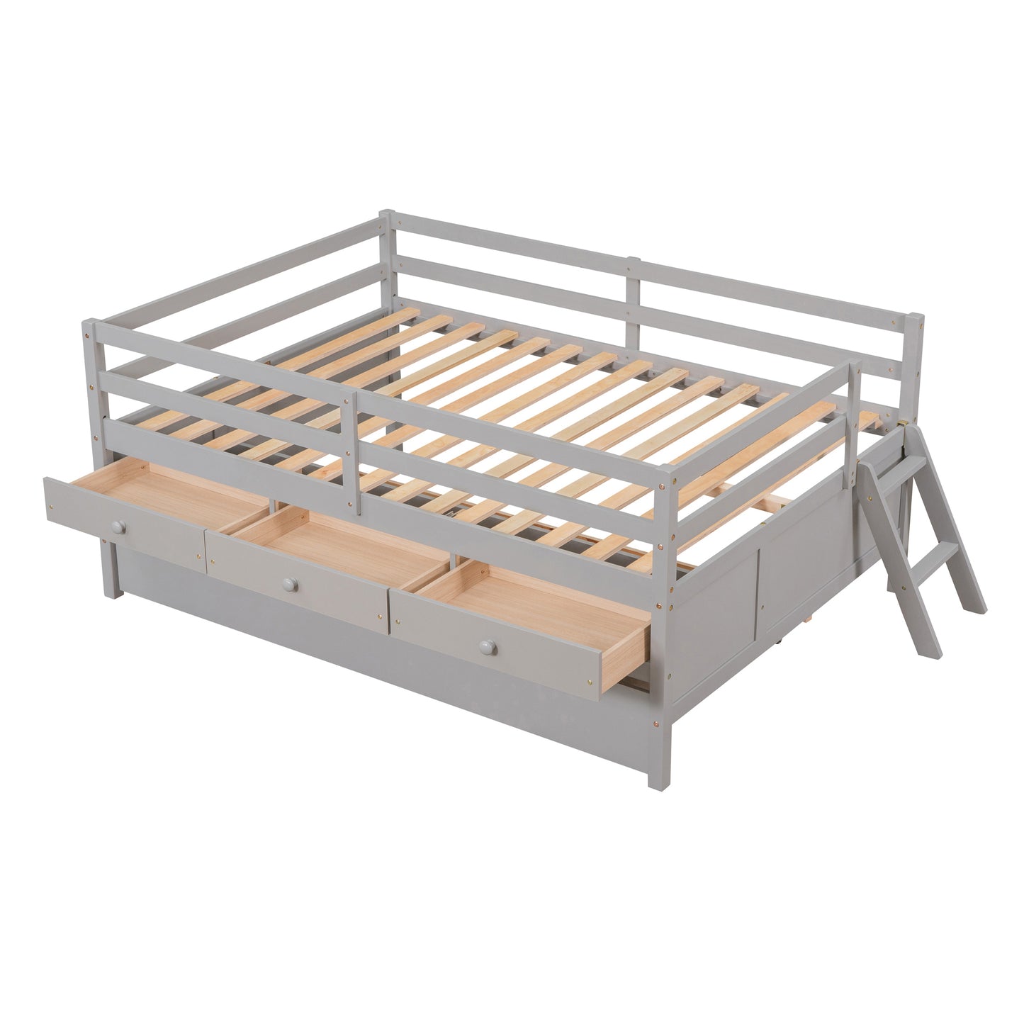 Low Loft Bed Full Size with Full Safety Fence, Climbing ladder, Storage Drawers and Trundle Gray Solid Wood Bed