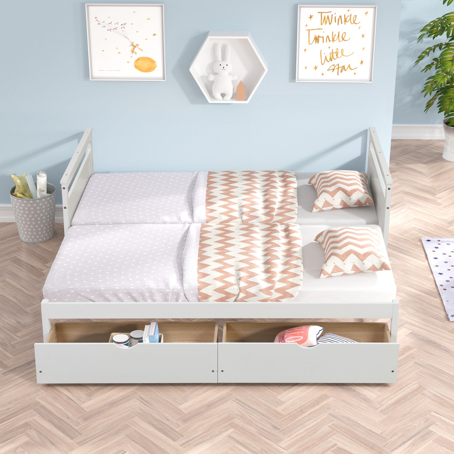 THE TWIN BED CAN BE EXPANDED WITH 2 DRAWERS