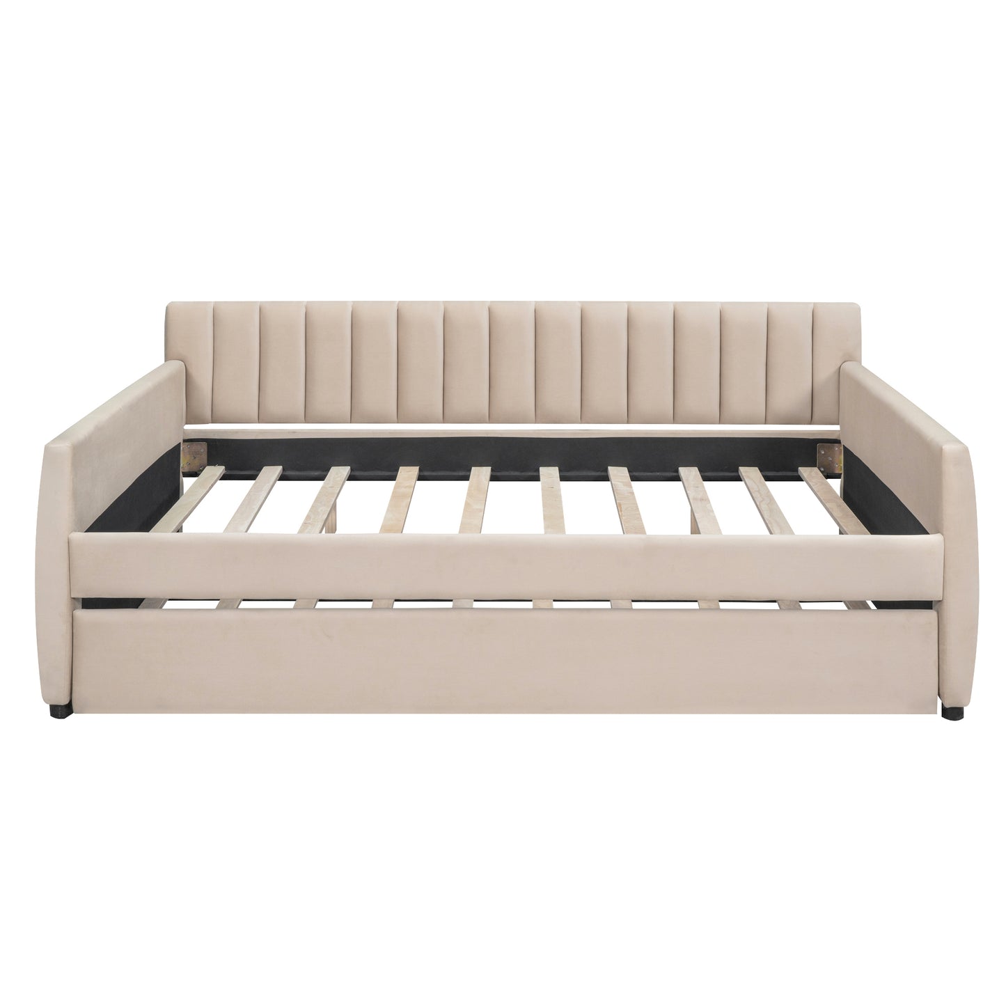 Full Size Upholstered daybed with Trundle and Wood Slat Support, Beige