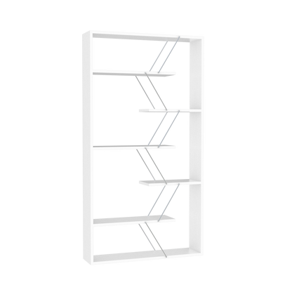 Furnish Home Store Wood Frame Etagere Open Back 6 Shelves Bookcase Industrial Bookshelf for Office and Living Rooms Modern Bookcases Large Bookshelf Organizer, White/Chrome