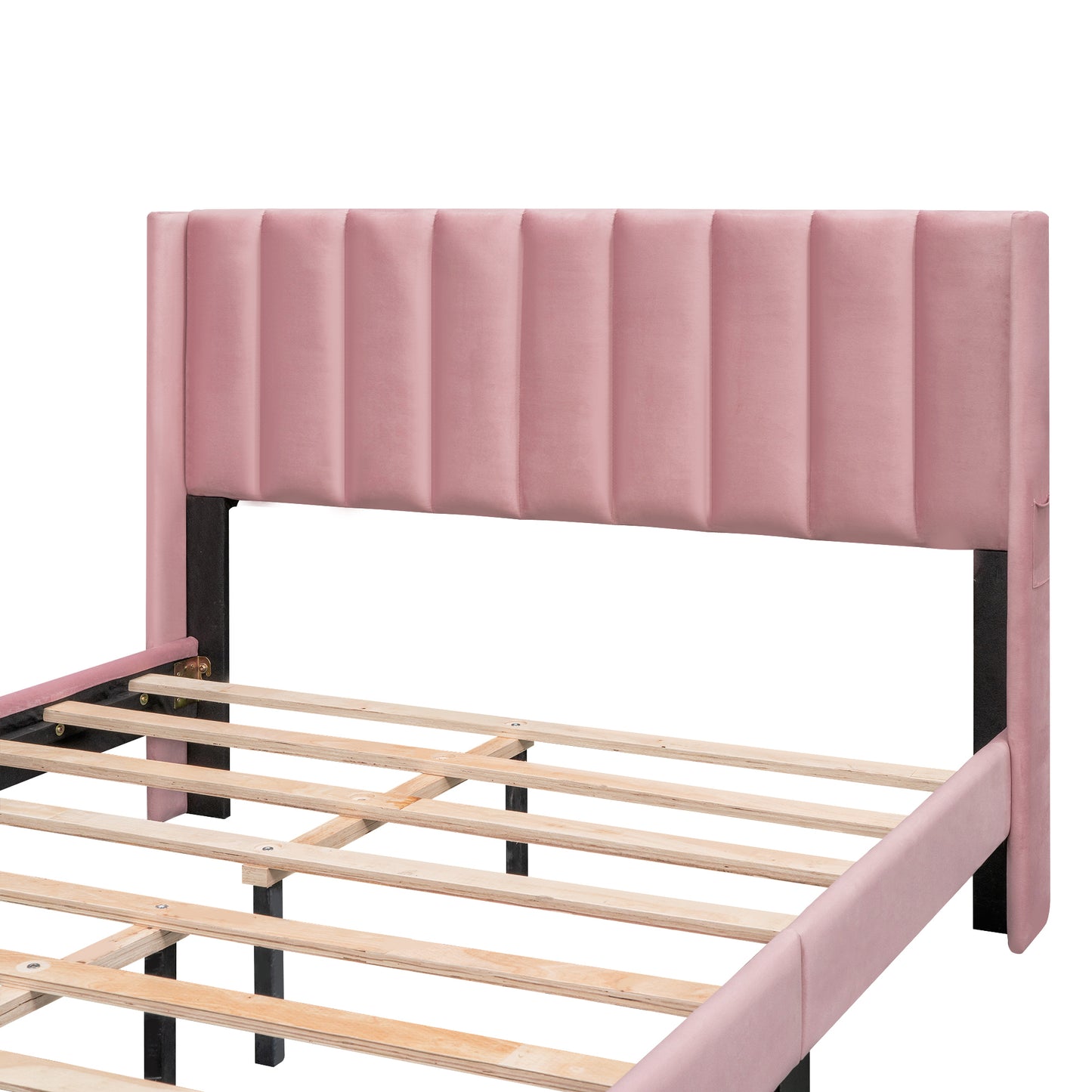 Queen Size Storage Bed Velvet Upholstered Platform Bed with a Big Drawer - Pink