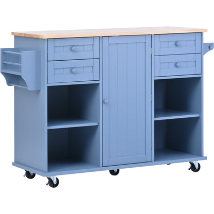 K&K kitchen island cart with Spice Rack, Towel Rack & Drawer,Rubber wood desktop,5 wheels including 4 lockable wheels,52.8inch width (Blue)