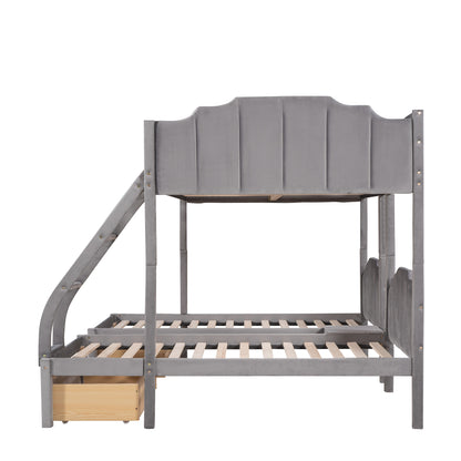 Full Over Twin & Twin Bunk Bed, Velvet Triple Bunk Bed with Drawers and Guardrails, Gray