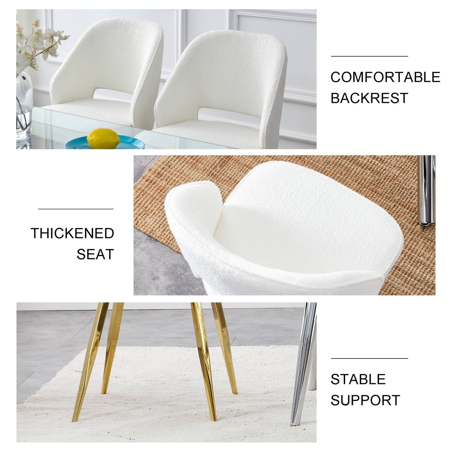 Modern Dining Chairs,Teddy Velvet Accent Chair, Living Room Leisure Chairs, Upholstered Side Chair with Golden Metal Legs for Dining Room Kitchen Vanity Patio Club Guest (Set of 2) （White  Chairs）