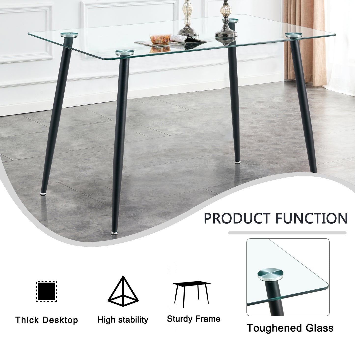 Modern Minimalist Rectangular Glass Dining Table for 4-6 with 0.31" Tempered Glass Tabletop and Black Coating Metal Legs, Writing Table Desk, for Kitchen Dining Living Room, 47" W x 31"D x 30" H