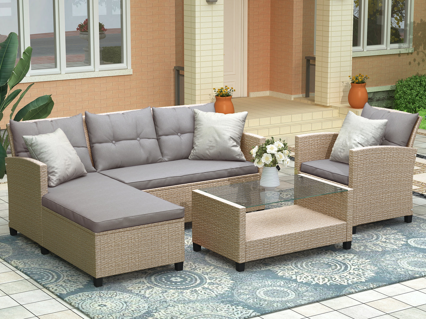 U_STYLE Outdoor, Patio Furniture Sets, 4 Piece Conversation Set Wicker Ratten Sectional Sofa with Seat Cushions(Beige Brown)