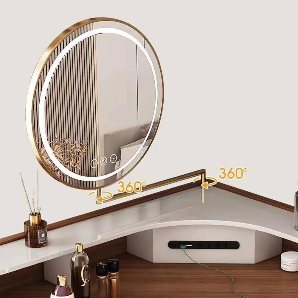 Modern Corner Makeup Vanity Table with LED Lighted Mirror, Vanity Desk with 5 Drawers, Piano Finish, Solid Wood Legs, Stool,