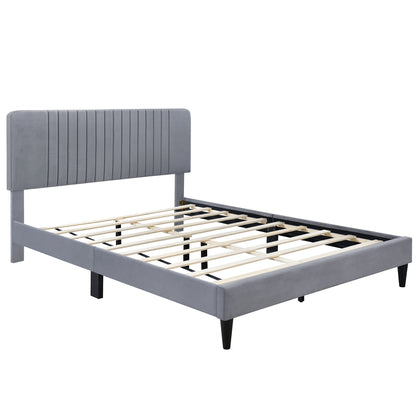 Queen Size Upholstered Platform Bed,No Box Spring Needed, Velvet Fabric,Gray