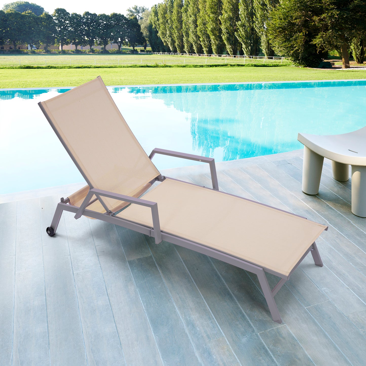 Patio Lounge Chair, Textilene Steel Pool Lounge Chair, Patio Chaise Lounge With Armrests And Wheels For Patio Backyard Porch Garden Poolside