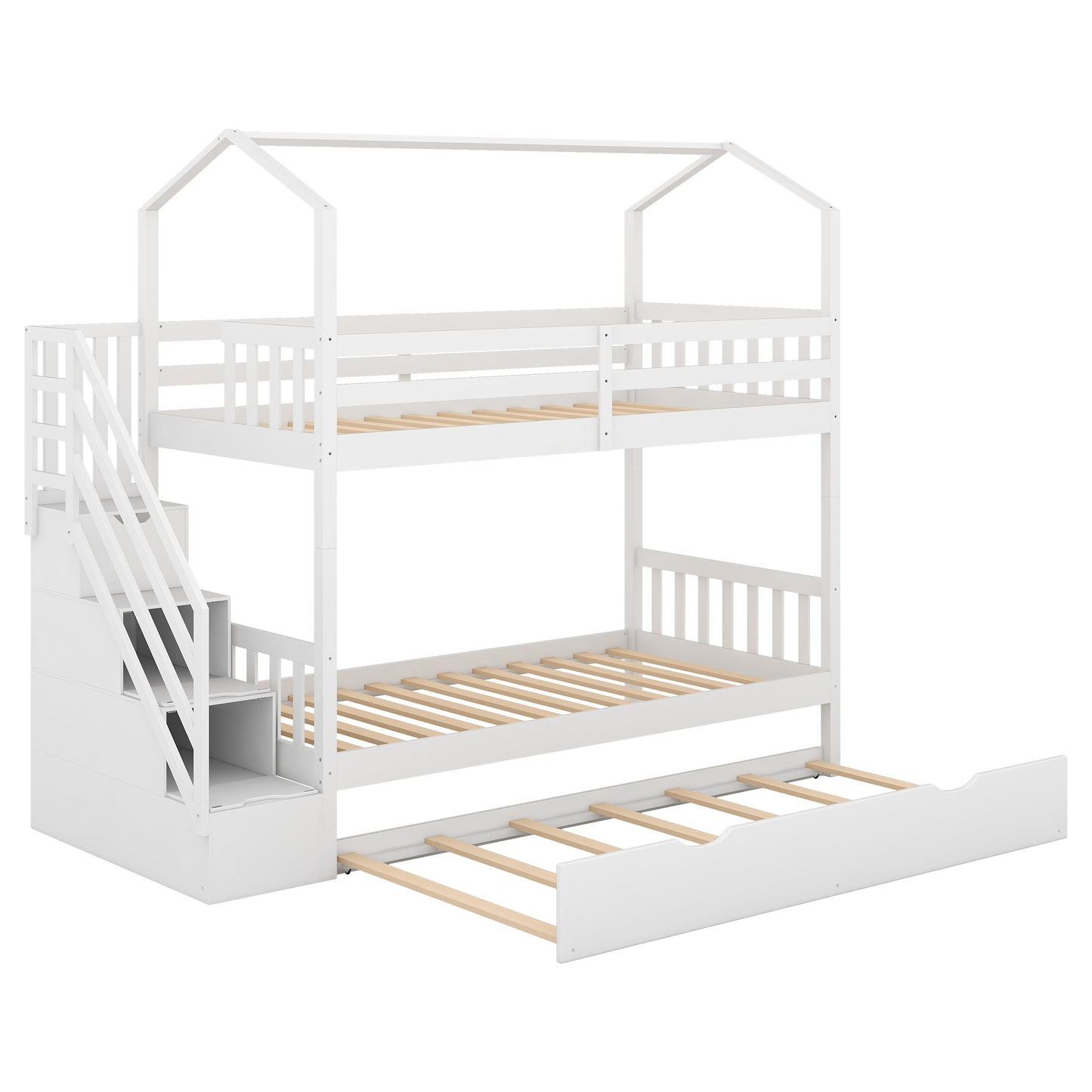 Multifunctional Twin over Twin House Bunk Bed with Staircase and Storage Space,White