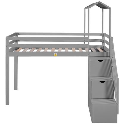 Twin over Full House Roof Bunk Bed with Staircase and Shelves, Gray