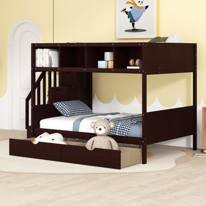 Twin over Full Bunk Bed with Shelfs, Storage Staircase and 2 Drawers, Espresso