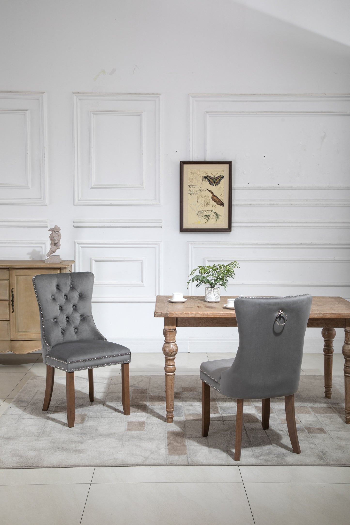 Upholstered Button Tufted Back Gray Velvet Dining Chair with Nailhead Trim and Solid Wood Legs 2 Sets