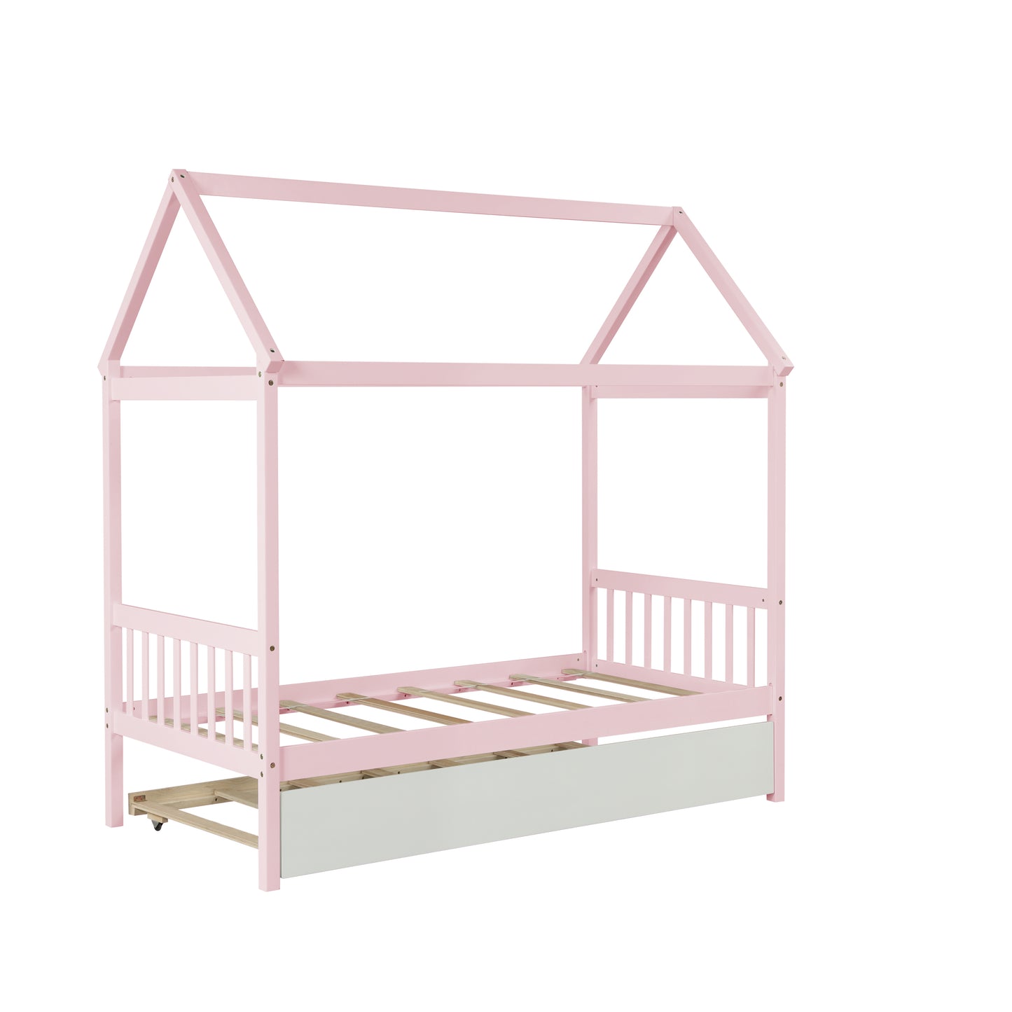 WARM PINK TWIN HOUSE BED WITH WHITE TWIN TRUNDLE