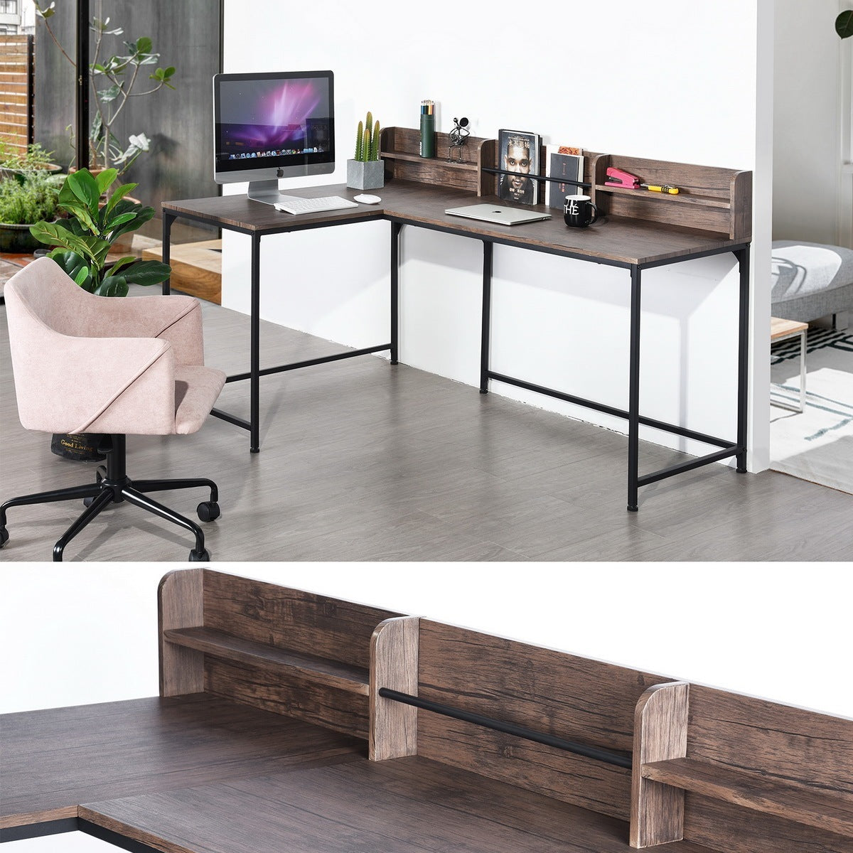 43.3"W X 65" D L-Shaped Computer Desk Corner Writing Desk for Small Space, Simple Modern Space-saving Laptop Table Workstation for Home Office Study - WALNUT & BLACK