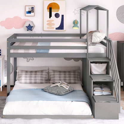 Twin over Full House Roof Bunk Bed with Staircase and Shelves, Gray