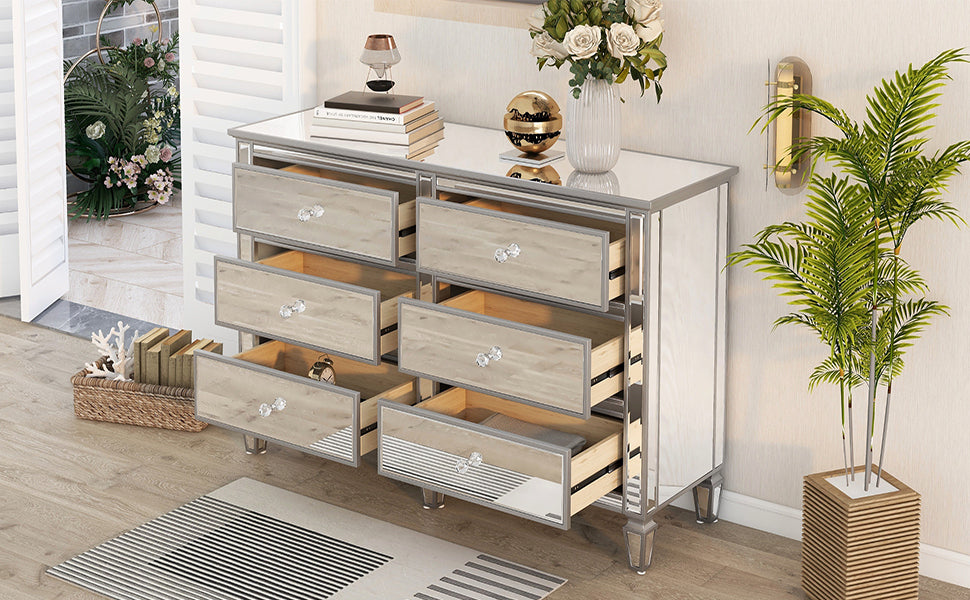 Elegant Mirrored Dresser with 6 Drawers, Modern Silver Finished Dresser 56.1“L x 18.1” W x 36.4” H for Living Room Bedroom