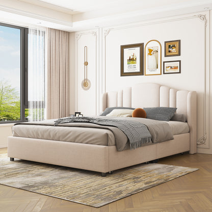 Upholstered Platform Bed with Wingback Headboard and 4 Drawers, No Box Spring Needed, Linen Fabric, Queen Size Beige