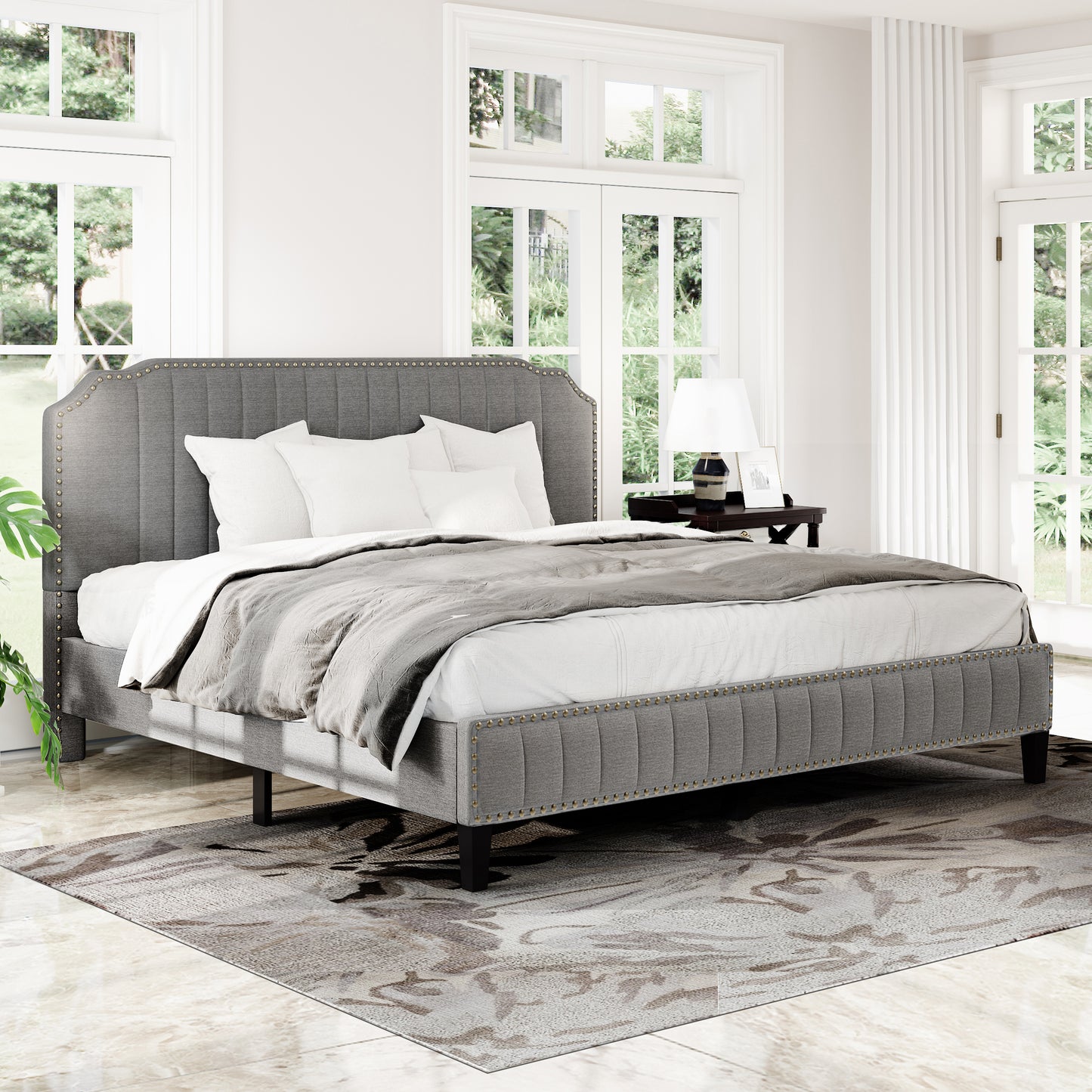 Modern Linen Curved Upholstered Platform Bed , Solid Wood Frame , Nailhead Trim (King)