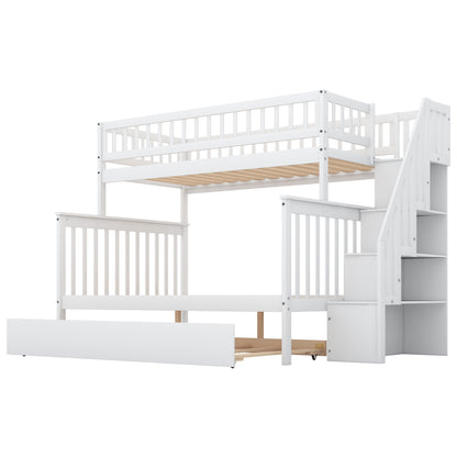 Twin over Full Bunk Bed with Trundle and Staircase,White