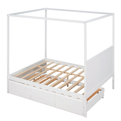 Queen Size Canopy Platform Bed with Twin Size Trundle and Three Storage Drawers,White