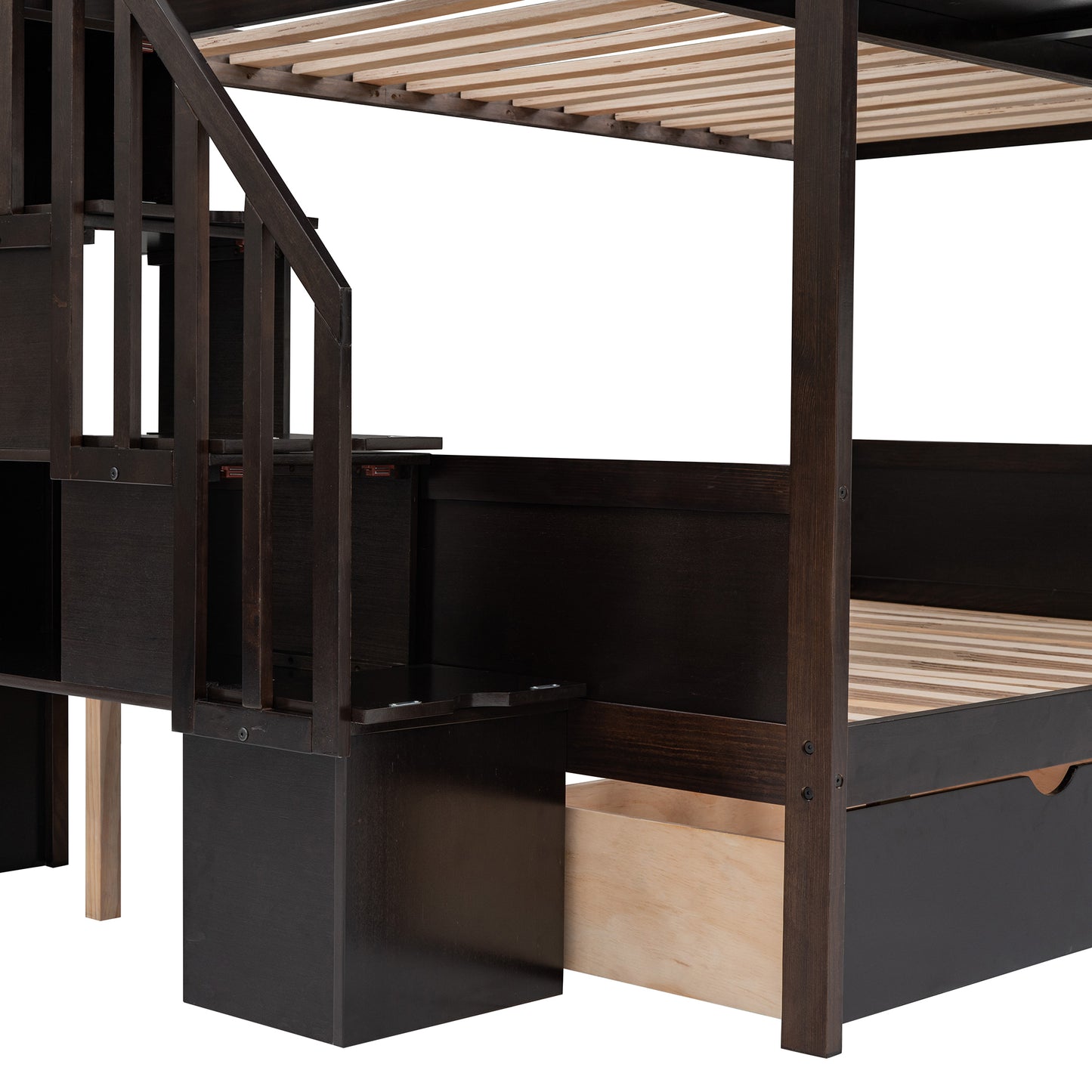 Twin over Full Bunk Bed with Shelfs, Storage Staircase and 2 Drawers, Espresso