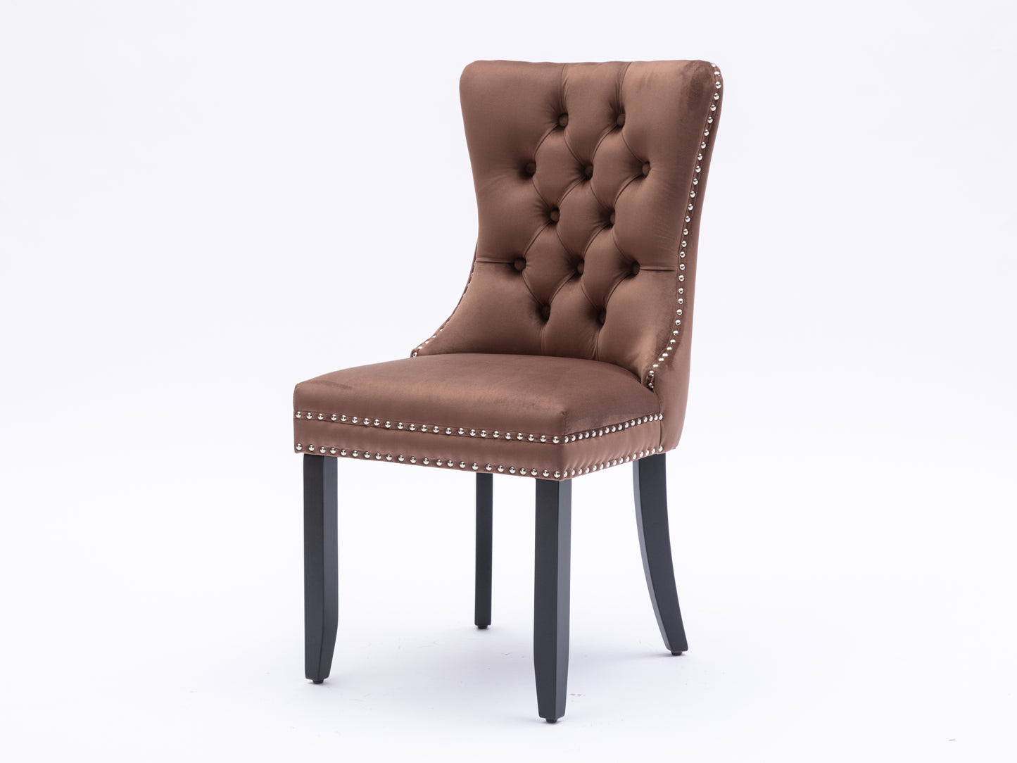 Upholstered Button Tufted Back Brown Velvet Dining Chair with Nailhead Trim and Solid Wood Legs 2 Sets