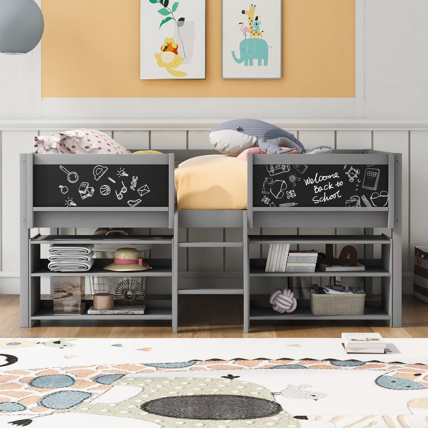 Twin Size Low Loft Bed with Two Movable Shelves and Ladder,with Decorative Guardrail Chalkboard,Gray